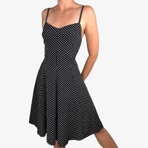 Black white polka dot midi dress vintage with spaghetti straps a-line